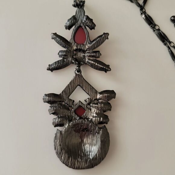 Necklace Gunmetal Tone Red Pink Geometric Necklace with Pendant #0087 - Picture 12 of 12